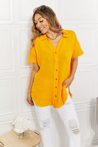 Light Gray Zenana Full Size Summer Breeze Gauze Short Sleeve Shirt in Mustard Tops