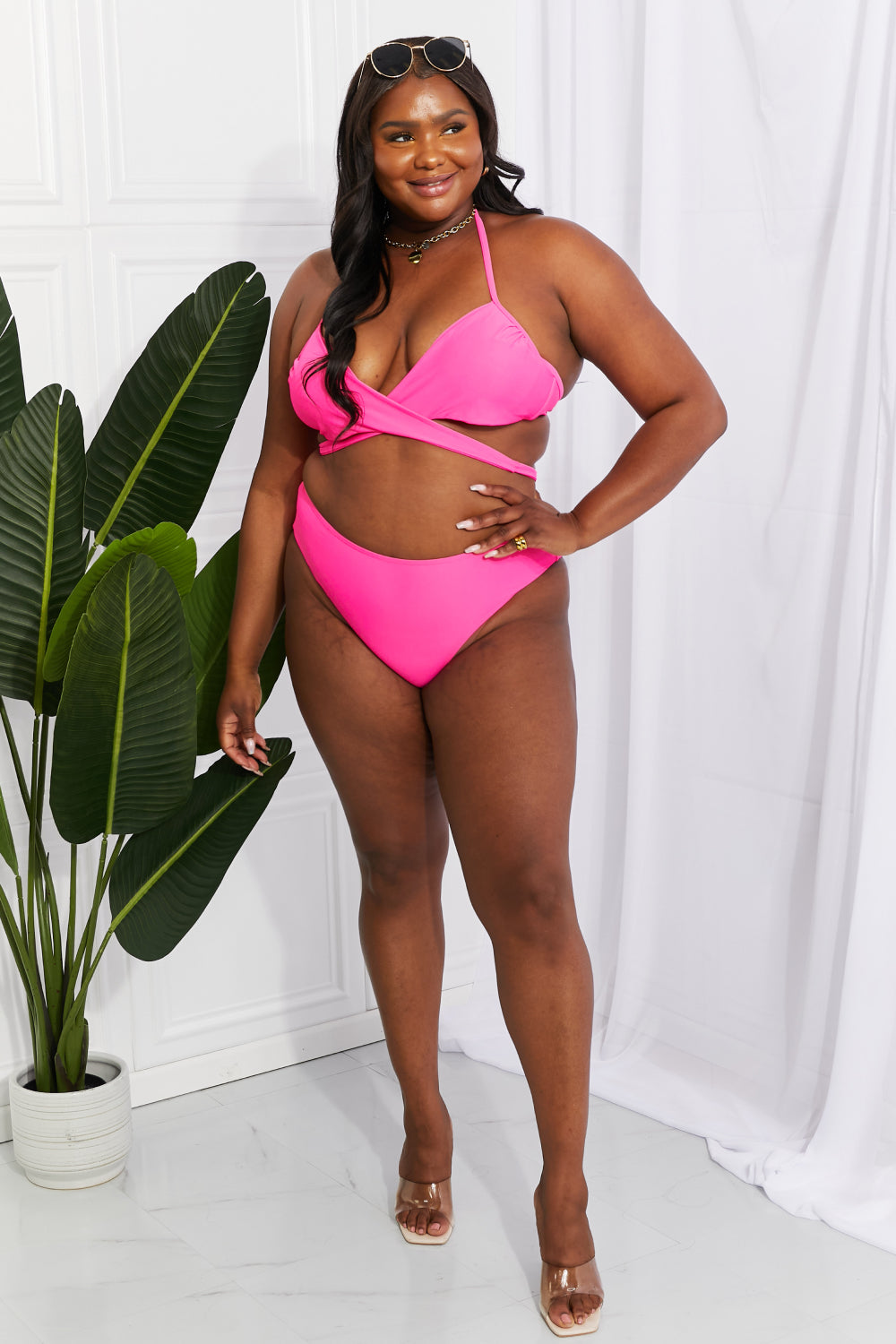 Light Gray Summer Splash Halter Bikini Set in Pink Swimwear