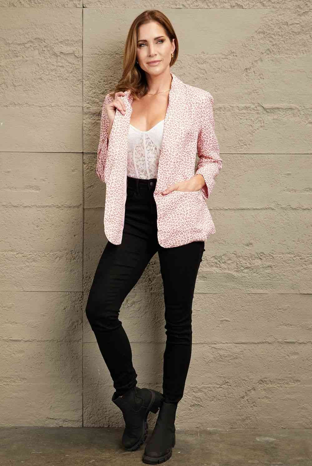 Rosy Brown I Like Pink Leopard Shawl Collar Blazer Blazers