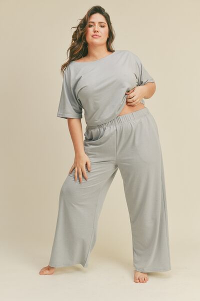 Gray Be Brave Short Sleeve Cropped Top and Wide Leg Pants Set Outfit Sets