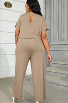 Rosy Brown Plus Size Drawstring Waist Short Sleeve Jumpsuit Plus Size Clothes