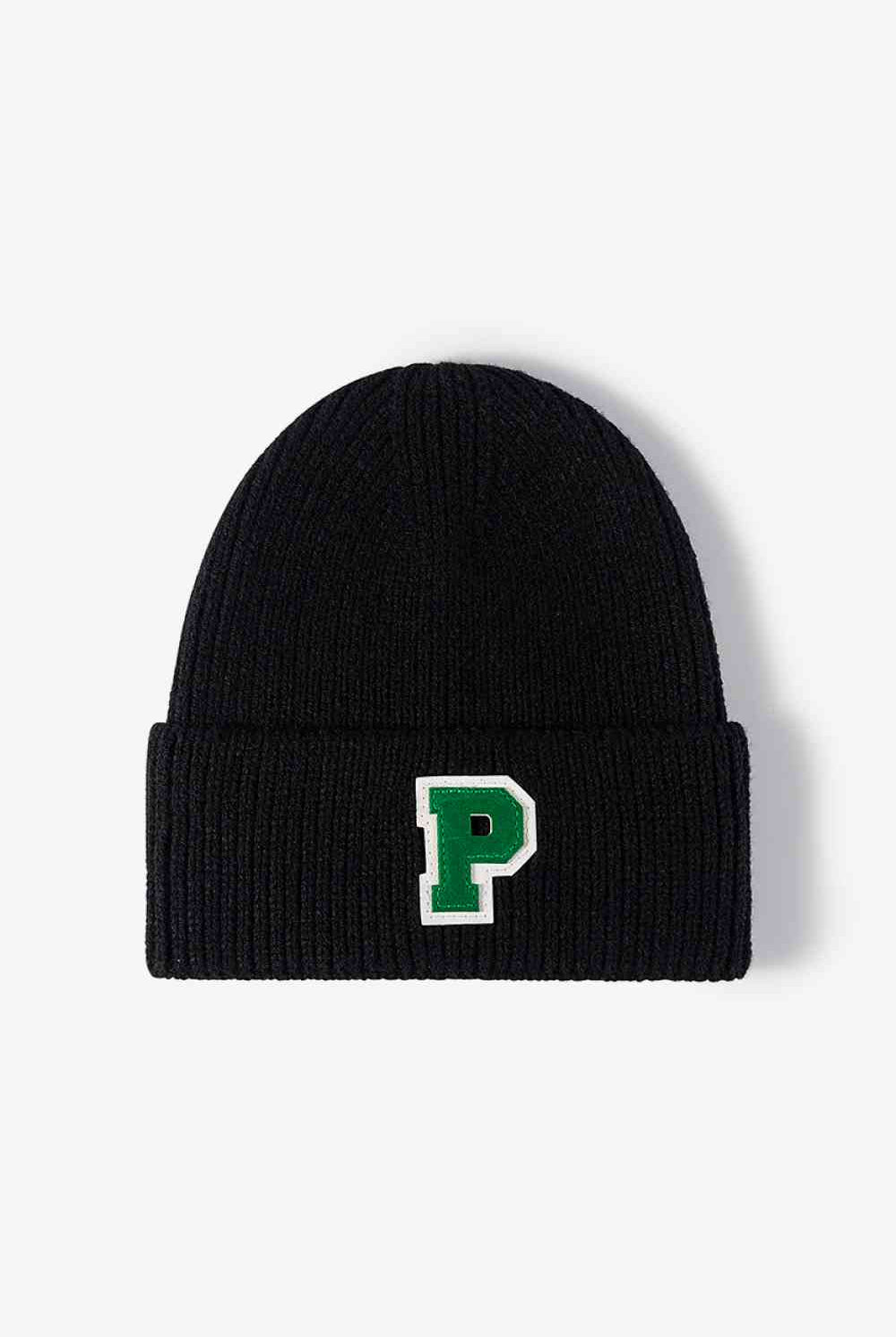 White Smoke Letter Patch Cuffed Knit Beanie Winter Accessories