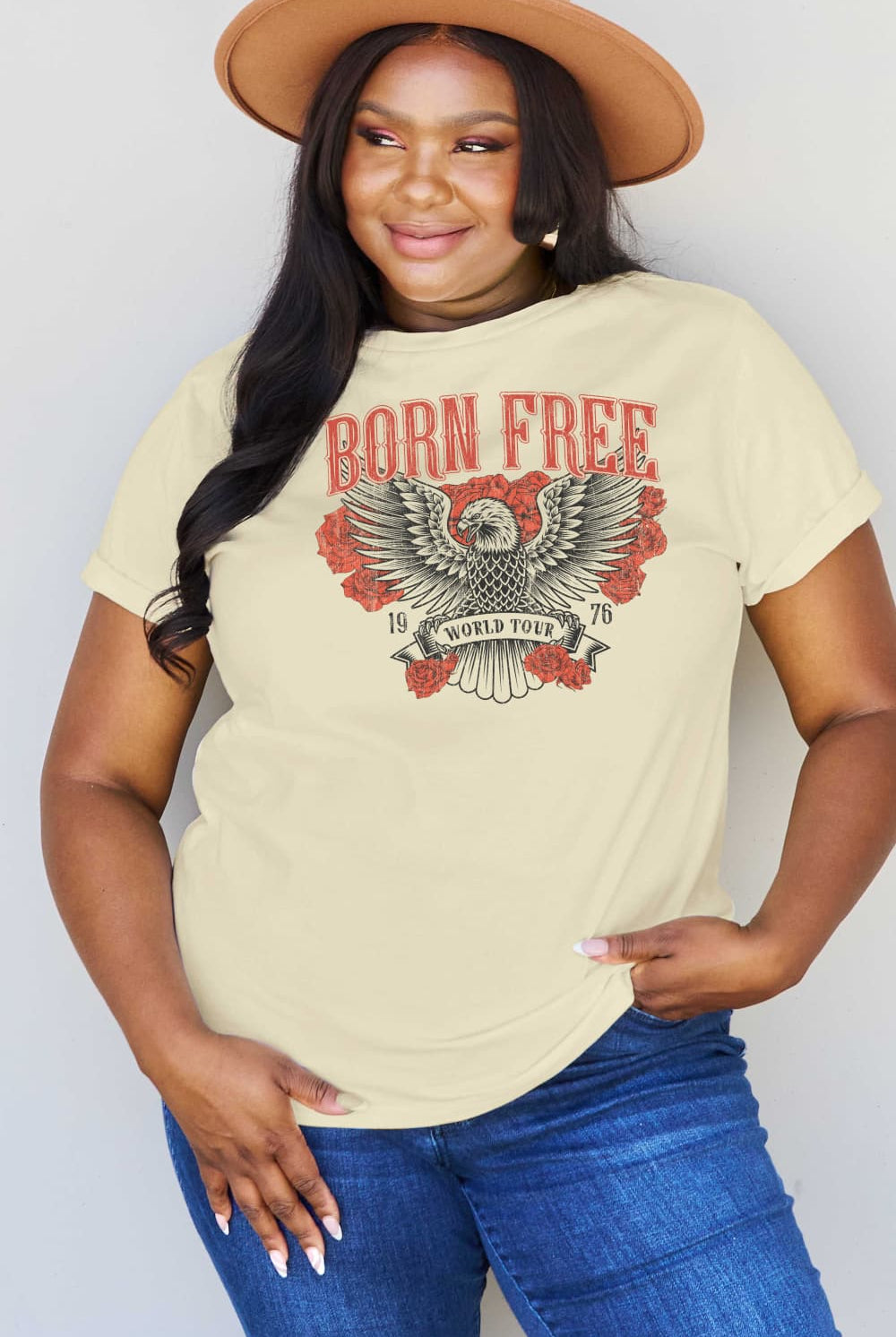 Light Gray Simply Love Full Size BORN FREE 1976 WORLD TOUR Graphic Cotton T-Shirt Graphic Tees