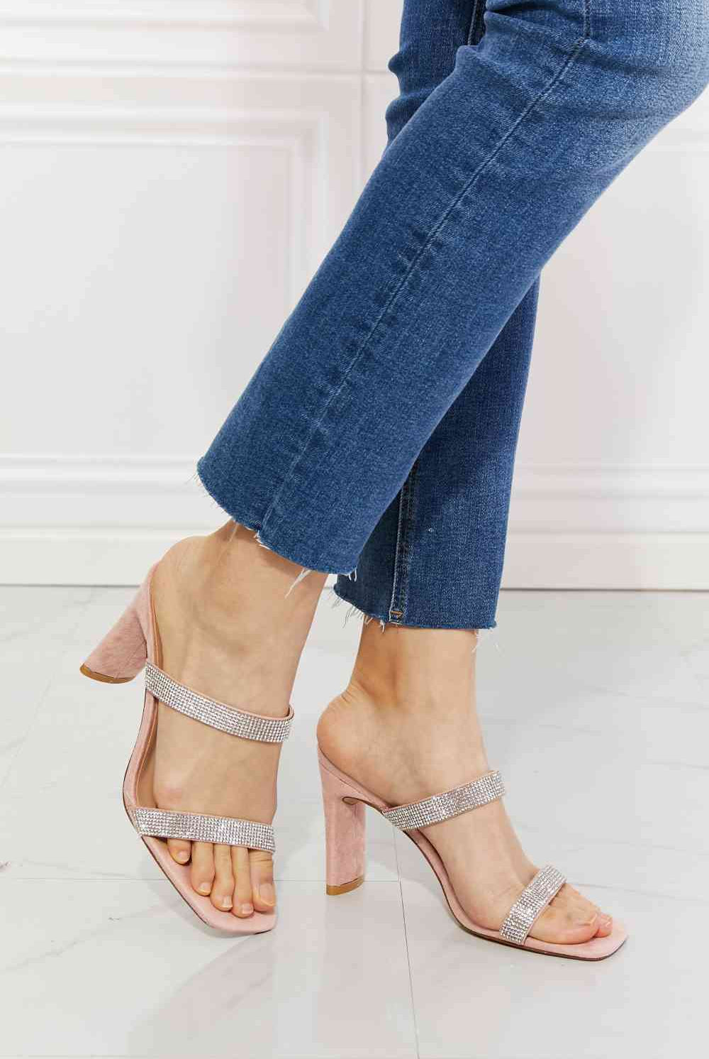 Light Gray MMShoes Leave A Little Sparkle Rhinestone Block Heel Sandal in Pink Shoes