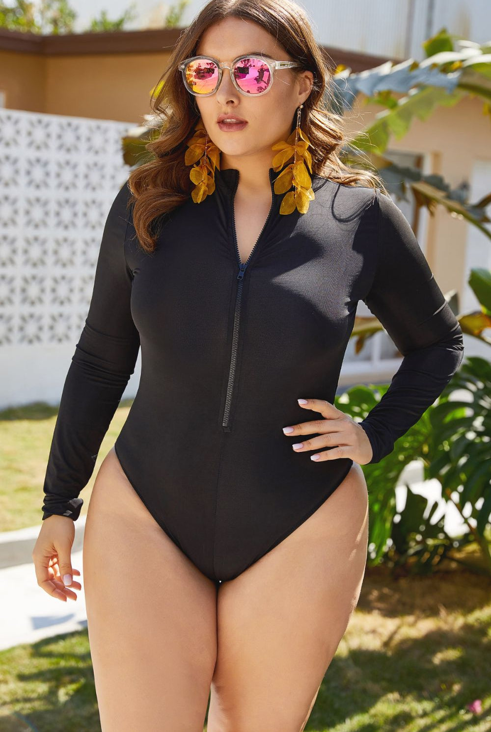 Rosy Brown Zip Up Long Sleeve One-Piece Swimsuit Swimwear
