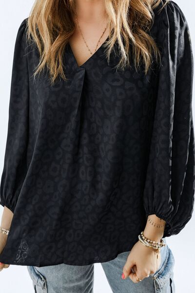 Gray Leopard V-Neck Balloon Sleeve Blouse Trends