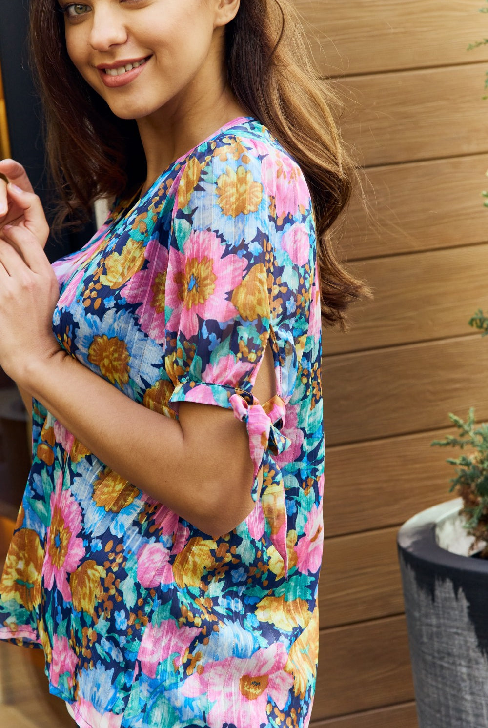 Sienna Petal Dew Full Size Floral V-Neck Tie Detail Blouse Clothes