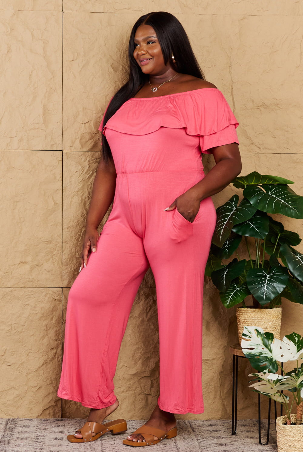 Rosy Brown My Favorite Full Size Pink Off-Shoulder Jumpsuit with Pockets Jumpsuits & Rompers