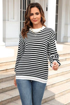 Light Gray Striped Round Neck Dropped Shoulder Sweater Capsule