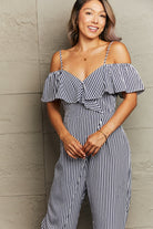 Rosy Brown Striped Spaghetti Strap Cold-Shoulder Jumpsuit Clothing