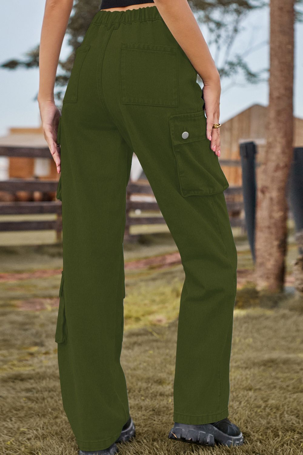 Dark Olive Green Loose Fit Long Jeans with Pockets