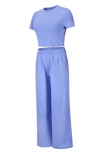 Cornflower Blue Round Neck Short Sleeve Top and Pocketed Pants Set