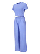 Cornflower Blue Round Neck Short Sleeve Top and Pocketed Pants Set