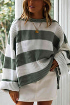 Dark Gray Striped Round Neck Long Sleeve Sweater Holiday