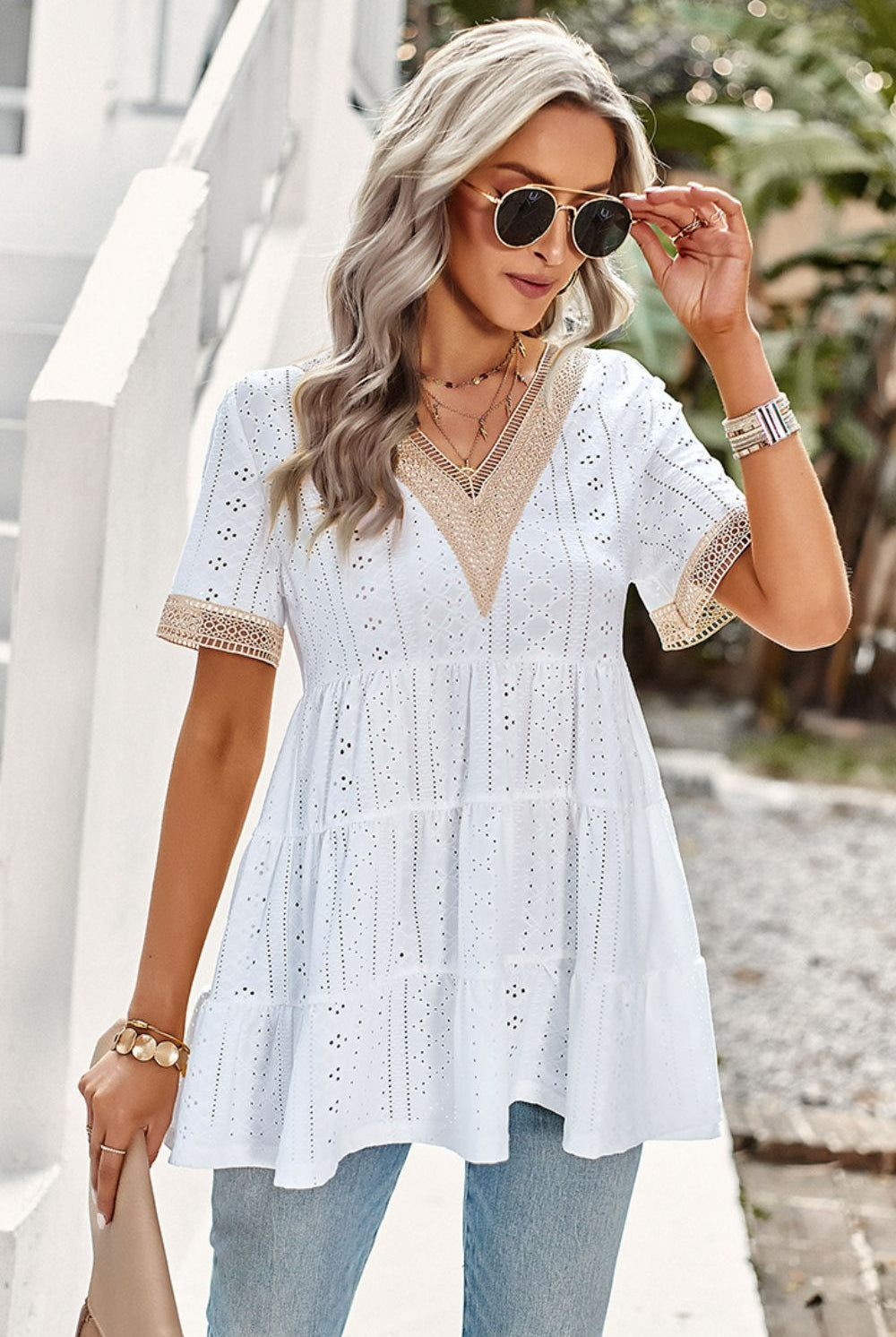 Light Gray Contrast Short Sleeve Tiered Blouse Clothing