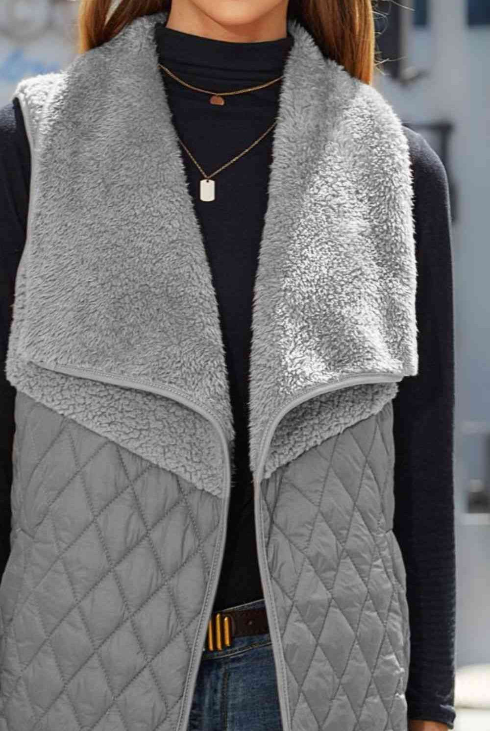 Slate Gray Open Front Collared Vest Winter Accessories
