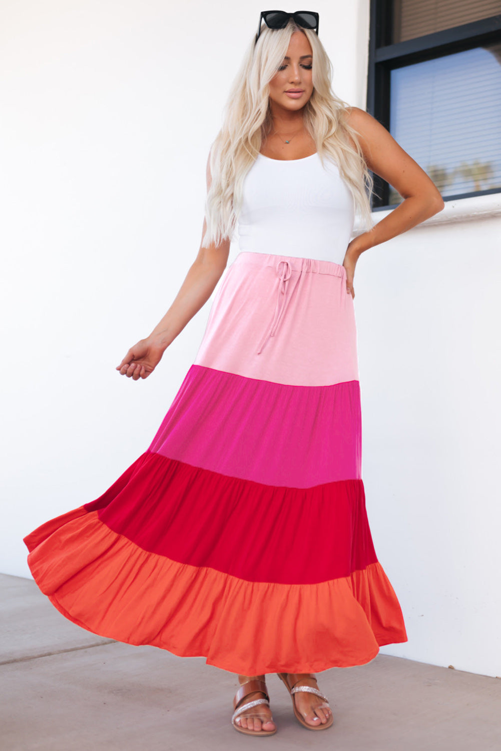 Maroon Color Block Tiered Maxi Skirt Clothing