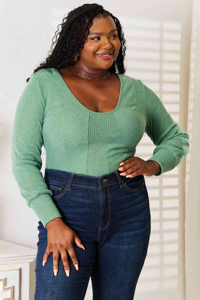 Light Gray Basic Green Scoop Neck Long Sleeve Top Long Sleeve Tops