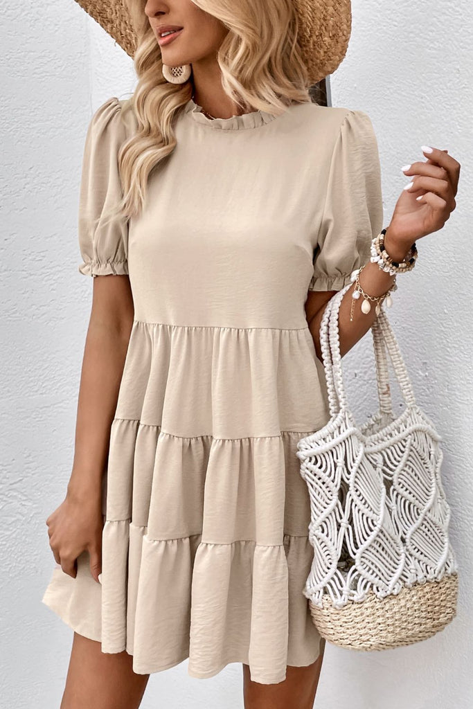 Light Gray Puff Sleeve Tie Back Tiered Dress Clothing