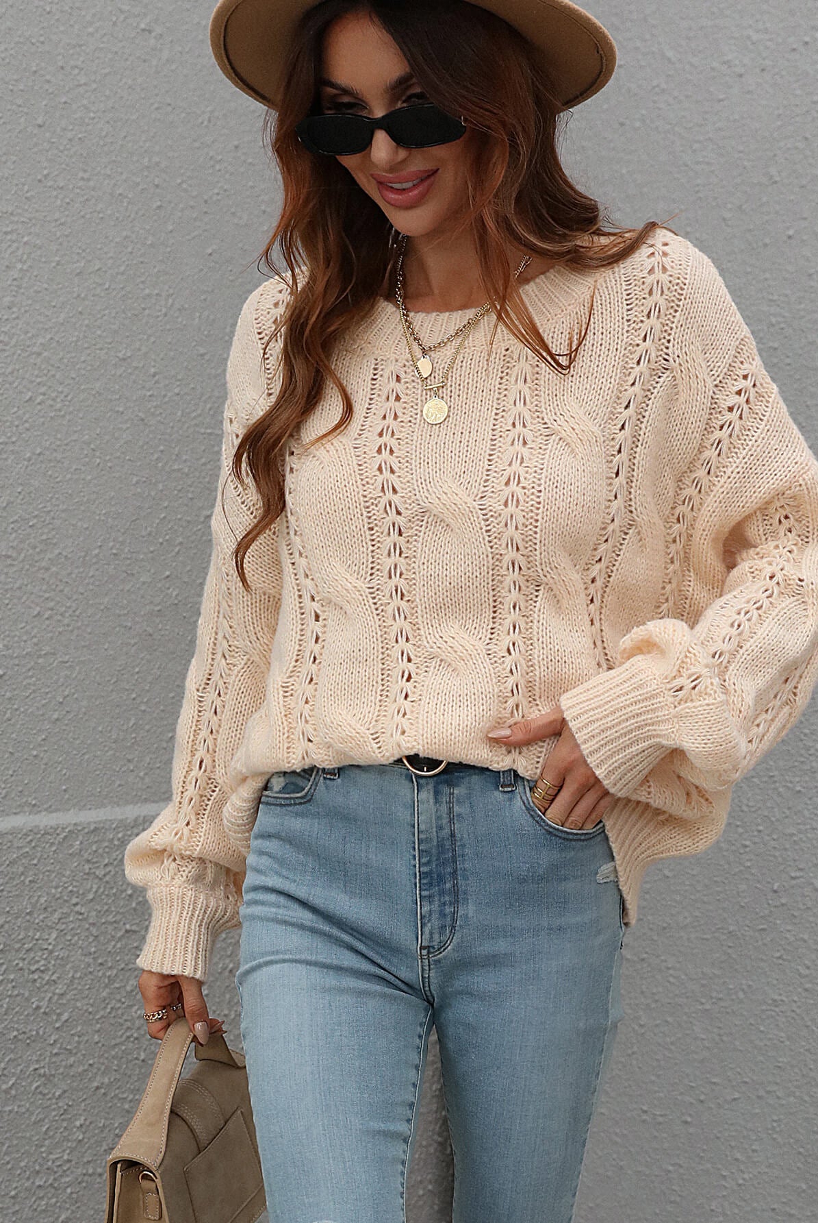 Rosy Brown One On One Cable-Knit Openwork Round Neck Sweater Shirts & Tops