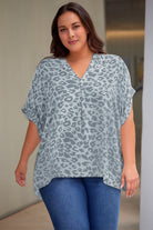 Light Slate Gray Plus Size Printed Notched Neck Half Sleeve Top Tops