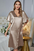 Rosy Brown Satin Flutter Sleeve Side Slit V-Neck Night Dress Clothing