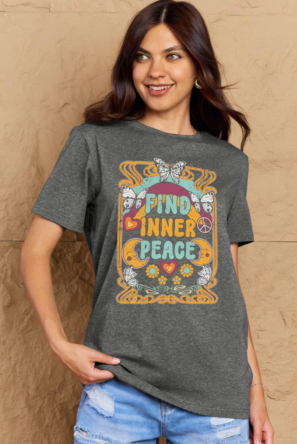 Rosy Brown FIND INNER PEACE Graphic Cotton T-Shirt Graphic Tees