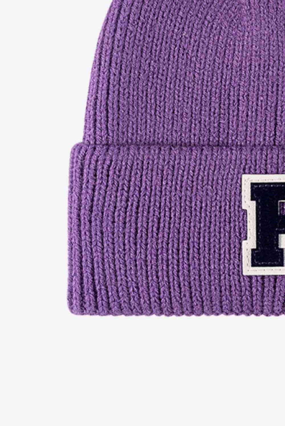 Lavender Letter Patch Cuffed Knit Beanie Winter Accessories