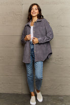 Slate Gray Ninexis Collared Neck Dropped Shoulder Button-Down Jacket Clothing