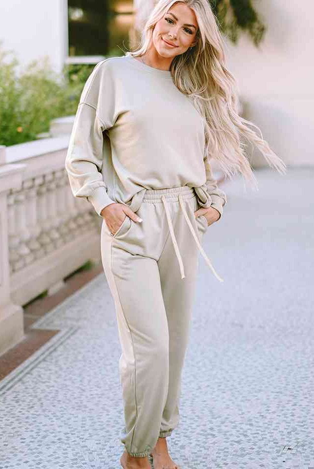 Gray Round Neck Dropped Shoulder Top and Pants Lounge Set Loungewear