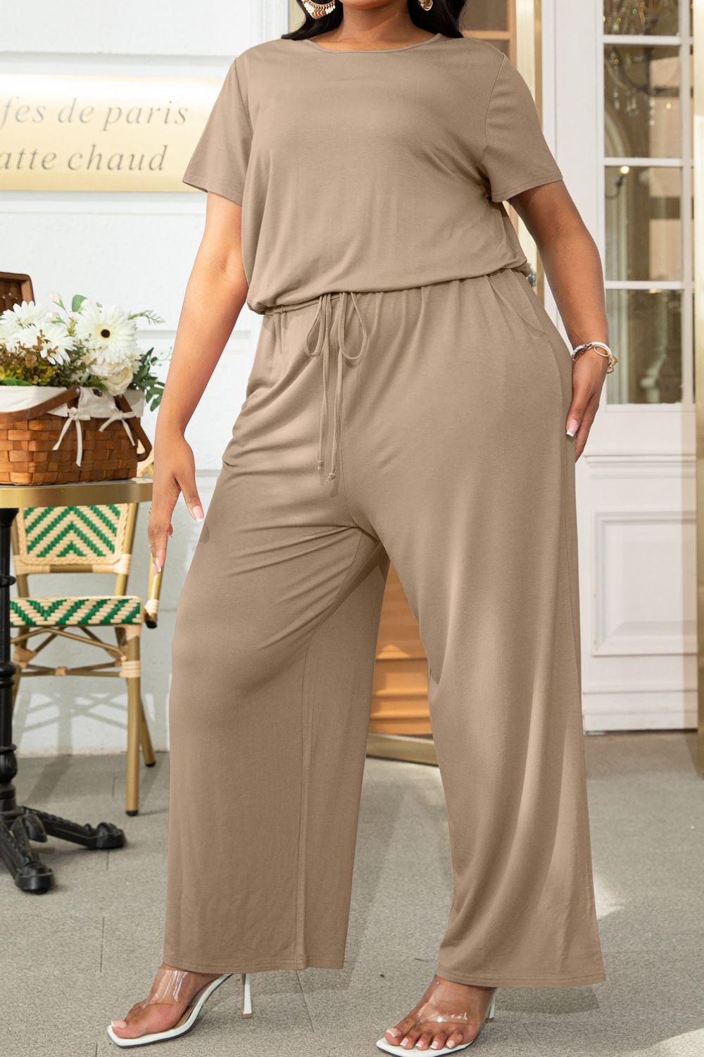 Rosy Brown Plus Size Drawstring Waist Short Sleeve Jumpsuit Plus Size Clothes