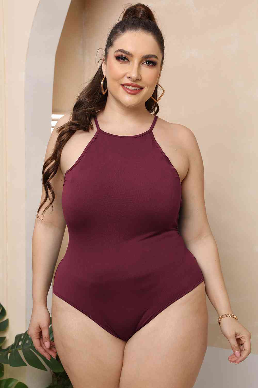 Tan Plus Size Halter Neck Spaghetti Strap Bodysuit Plus Size Clothes