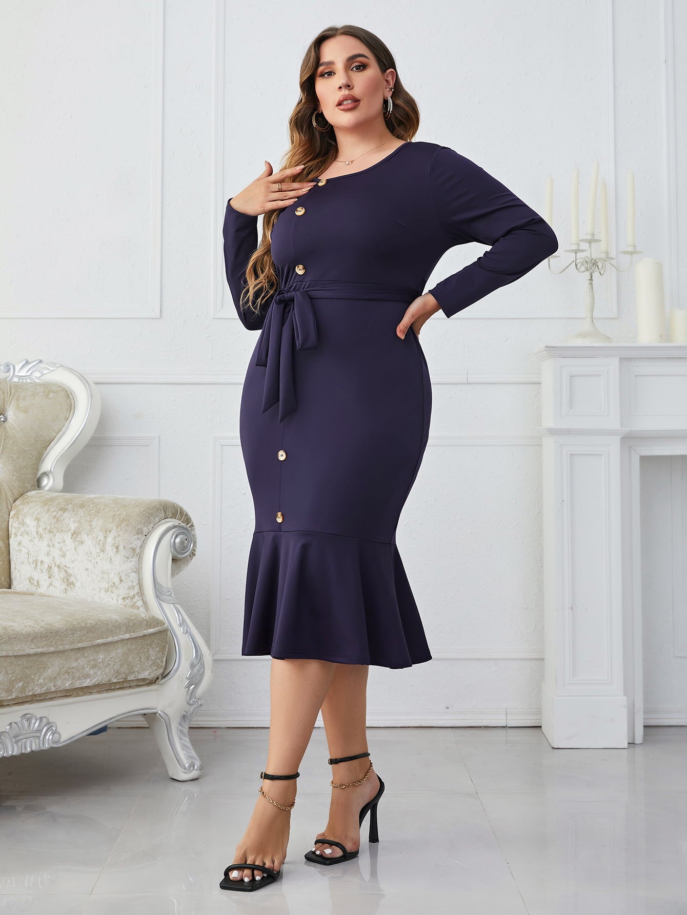 Light Gray Put Them To Work Plus Size Buttoned Round Neck Tie Belt Midi Dress Plus Size Dresses