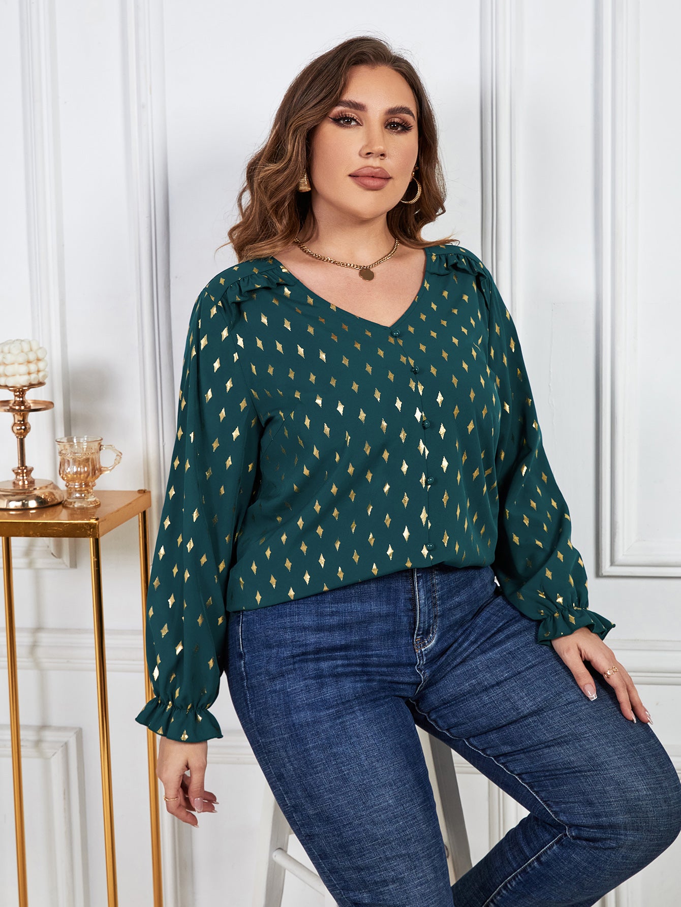 Light Gray Effortless Plus Size Printed Frill Trim Flounce Sleeve Blouse Plus Size Tops