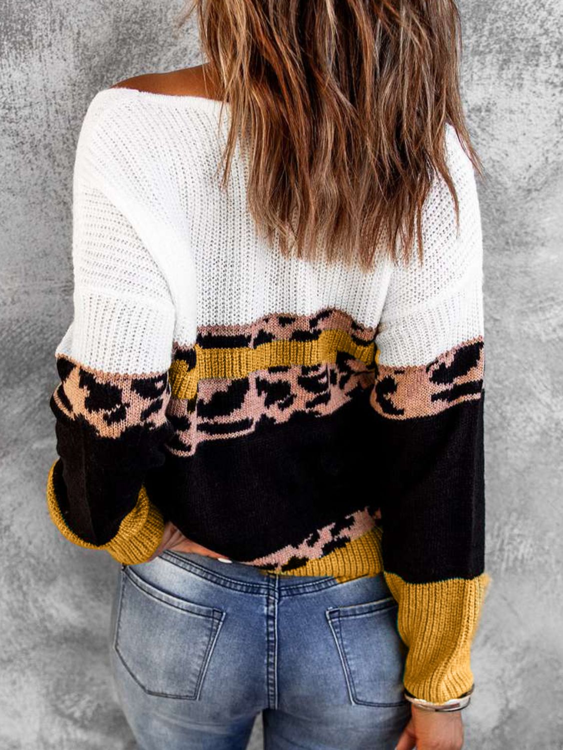 Gray Feeling The Sunshine Leopard Color Block V-Neck Rib-Knit Sweater Sweaters