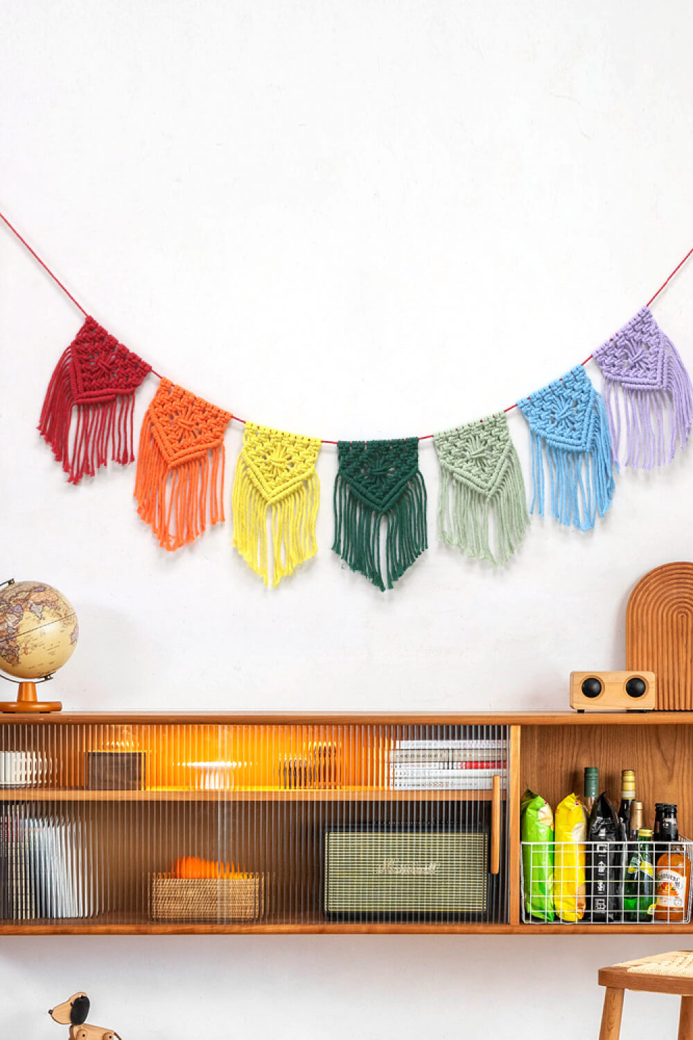 Beige Handmade Rainbow Fringe Macrame Banner Home