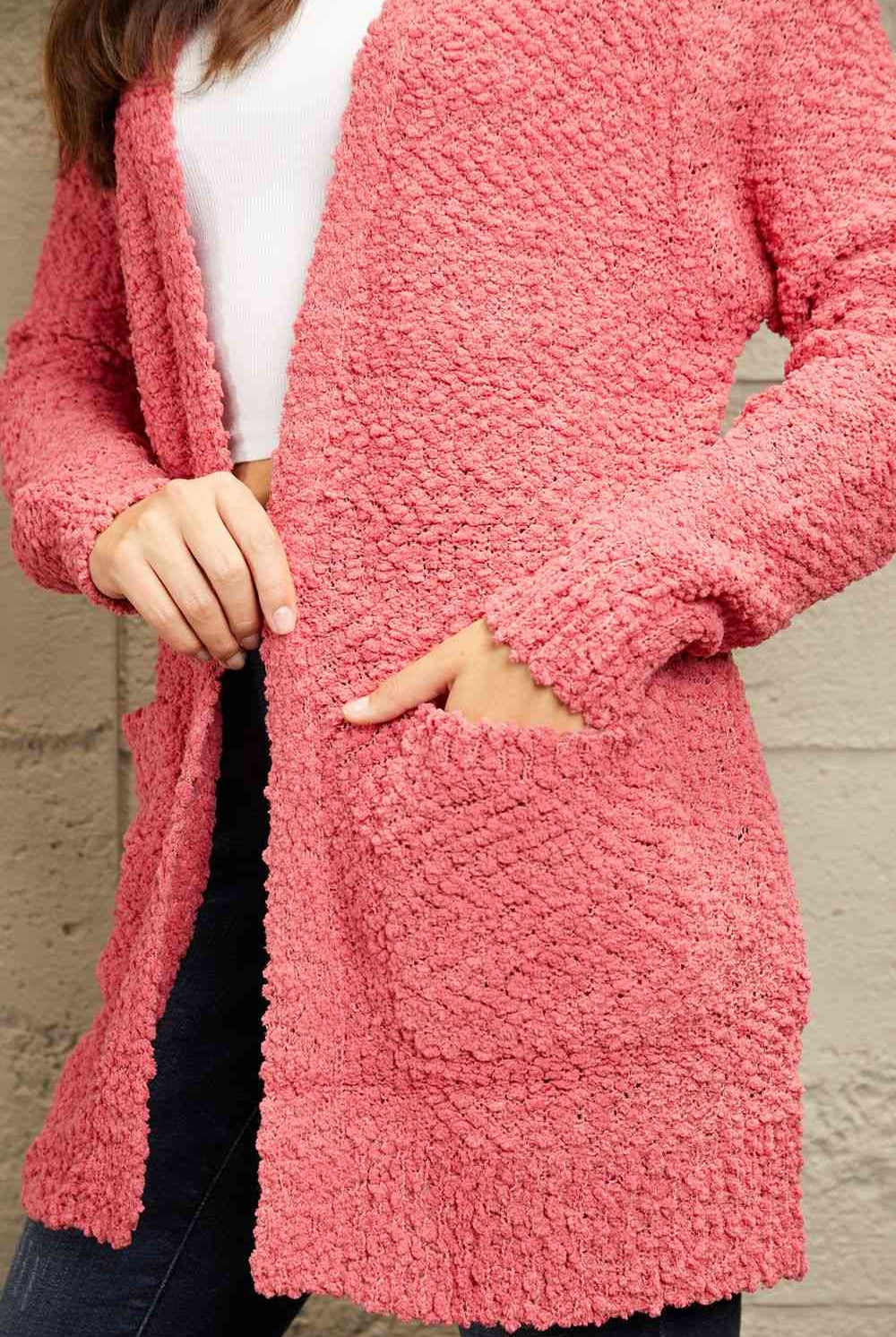 Light Coral Zenana Falling For You Full Size Open Front Popcorn Cardigan Clothing
