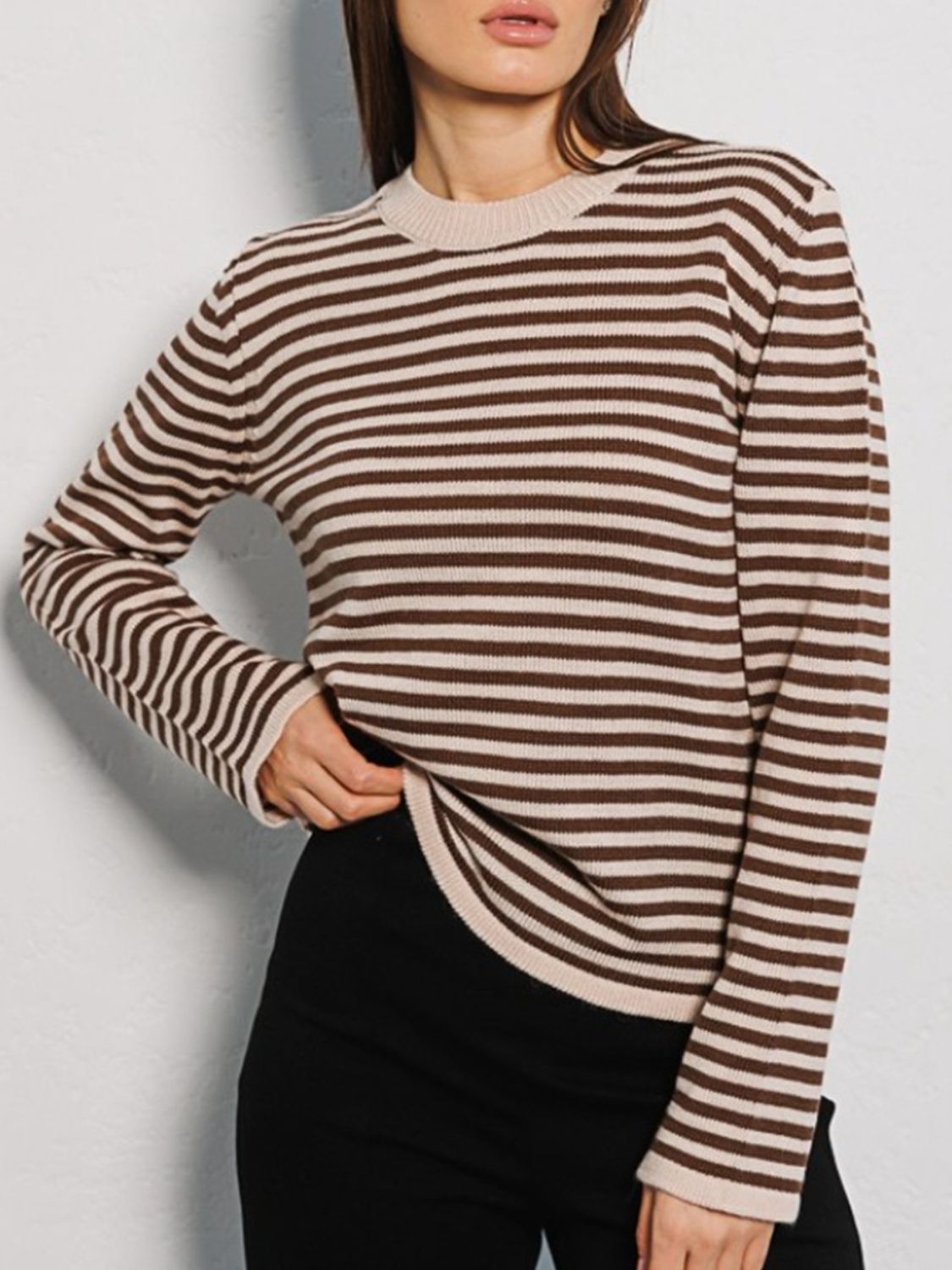 Black Striped Round Neck Long Sleeve Sweater Clothing