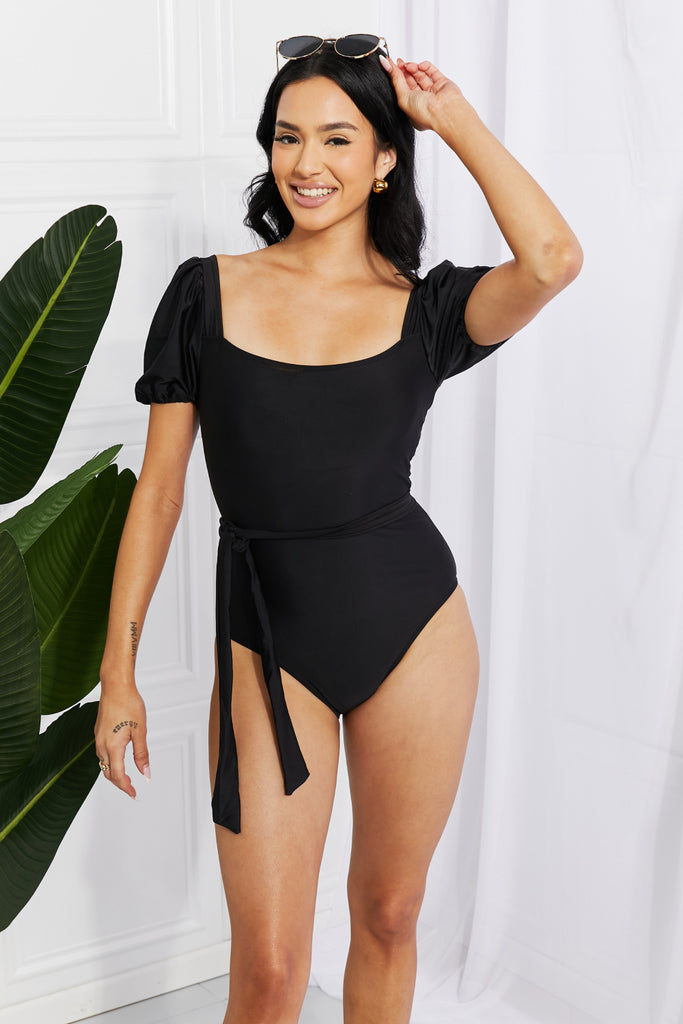 Black Marina West Swim Salty Air Puff Sleeve One-Piece in Black Swimwear