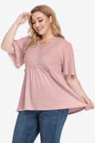 Light Gray Plus Size Buttoned V-Neck Frill Trim Babydoll Blouse Tops