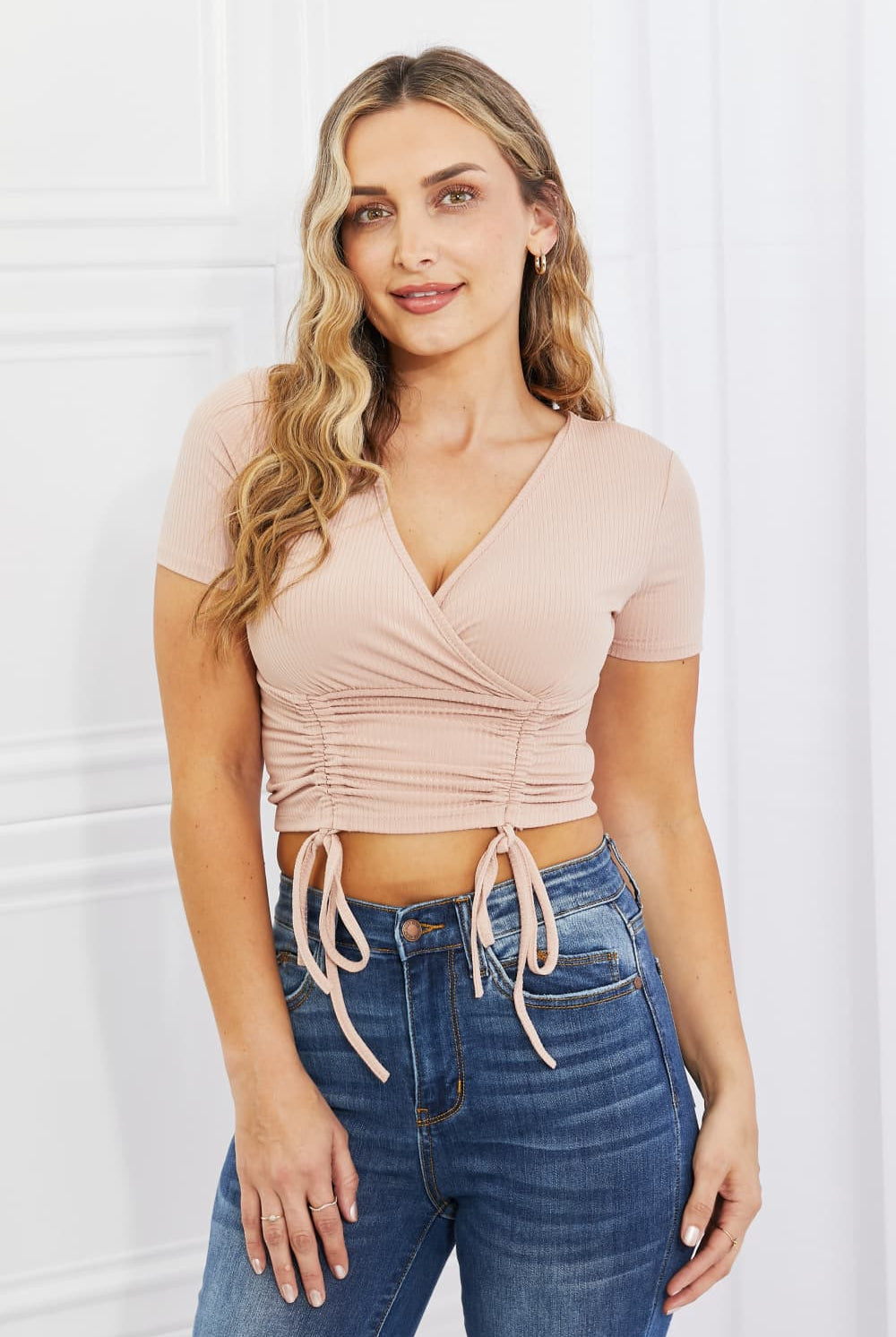 Light Gray Back To Simple Full Size Ribbed Front Scrunched Top in Blush Crop Tops