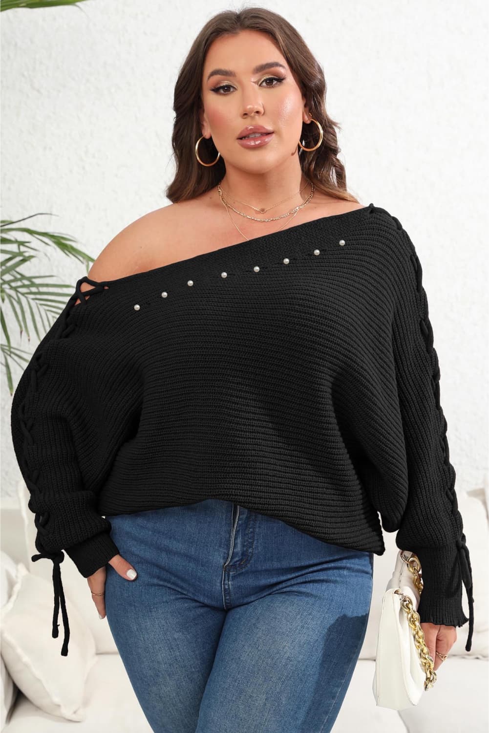 Dark Slate Gray Plus Size One Shoulder Beaded Sweater Clothing