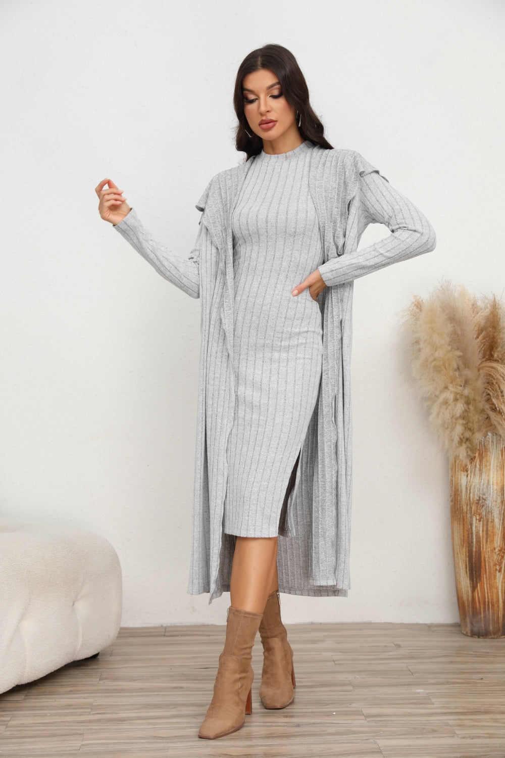 Light Gray Slit Dress and Longline Cardigan Set