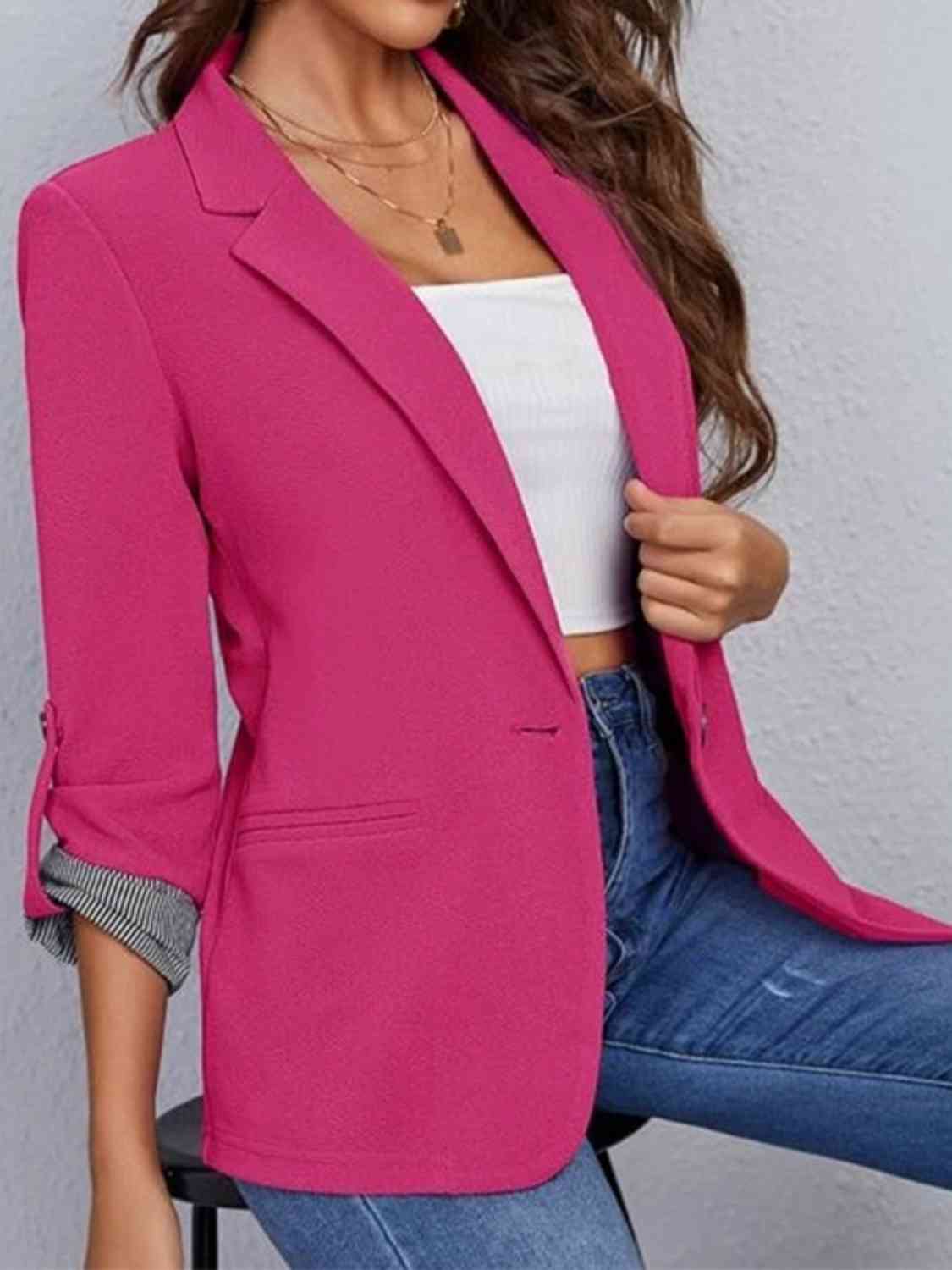 Maroon Lapel Collar Roll-Tab Sleeve Blazer Clothes