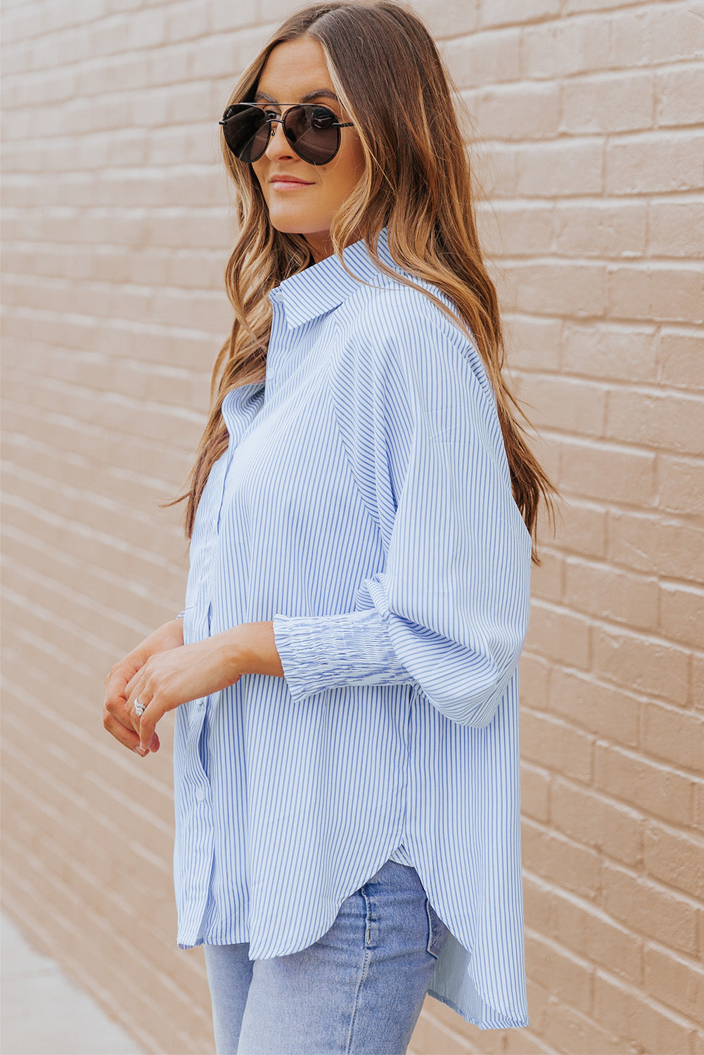 Gray Striped Lantern Sleeve Collared Shirt Tops