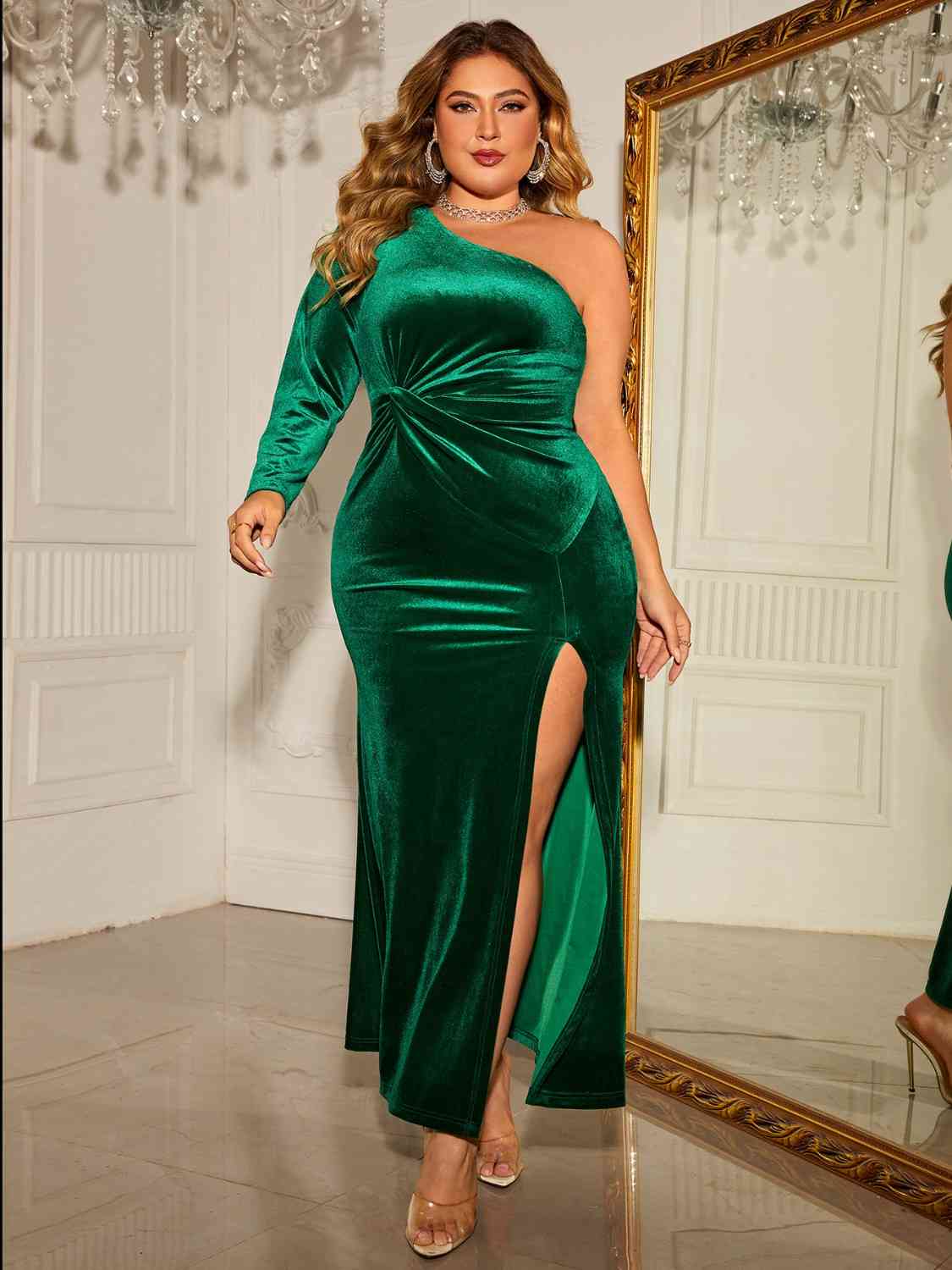 Tan Plus Size One-Shoulder Twisted Split Dress Holiday