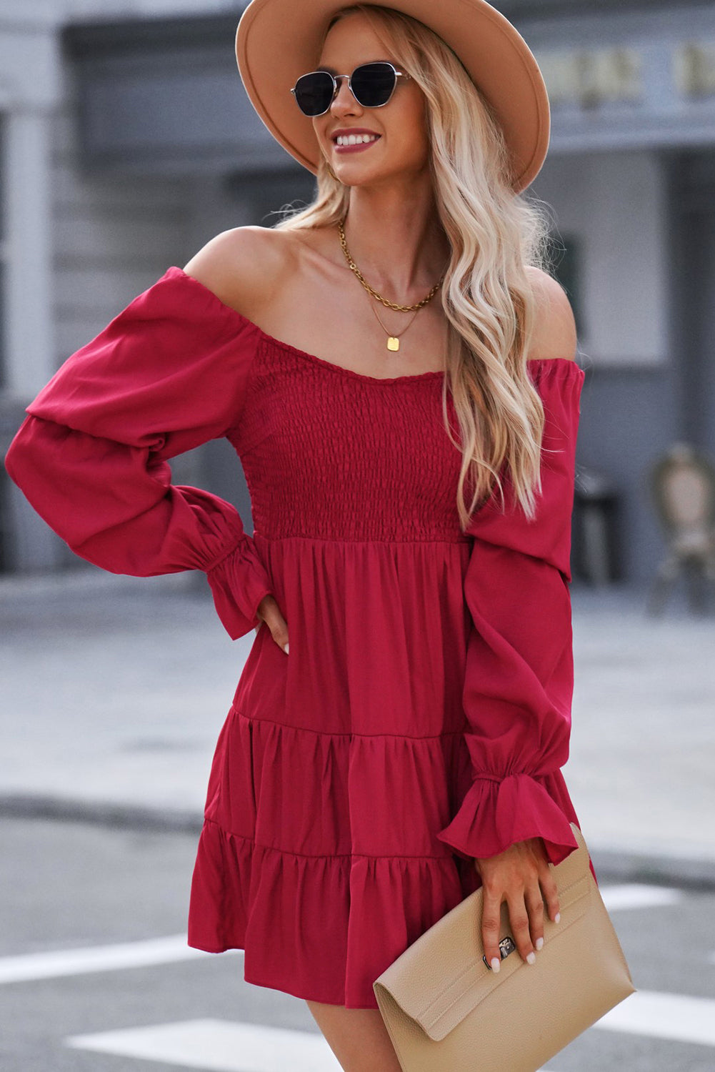 Sienna Even Up The Score Smocked Off-Shoulder Tiered Mini Dress Dresses