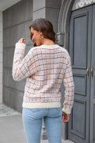 Dim Gray Plaid Round Neck Long Sleeve Pullover Sweater