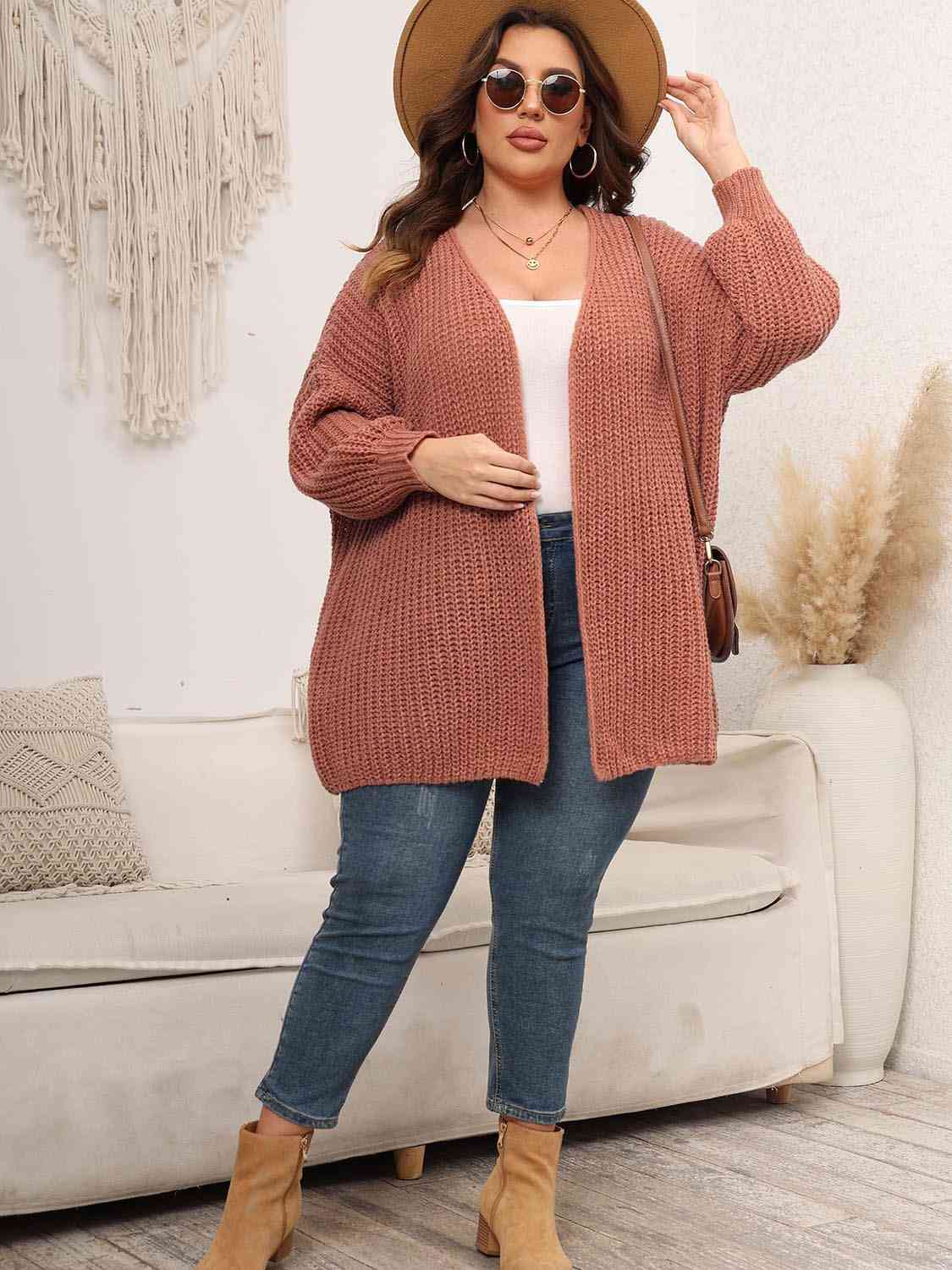 Gray Plus Size Open Front Dropped Shoulder Knit Cardigan Plus Size Clothes