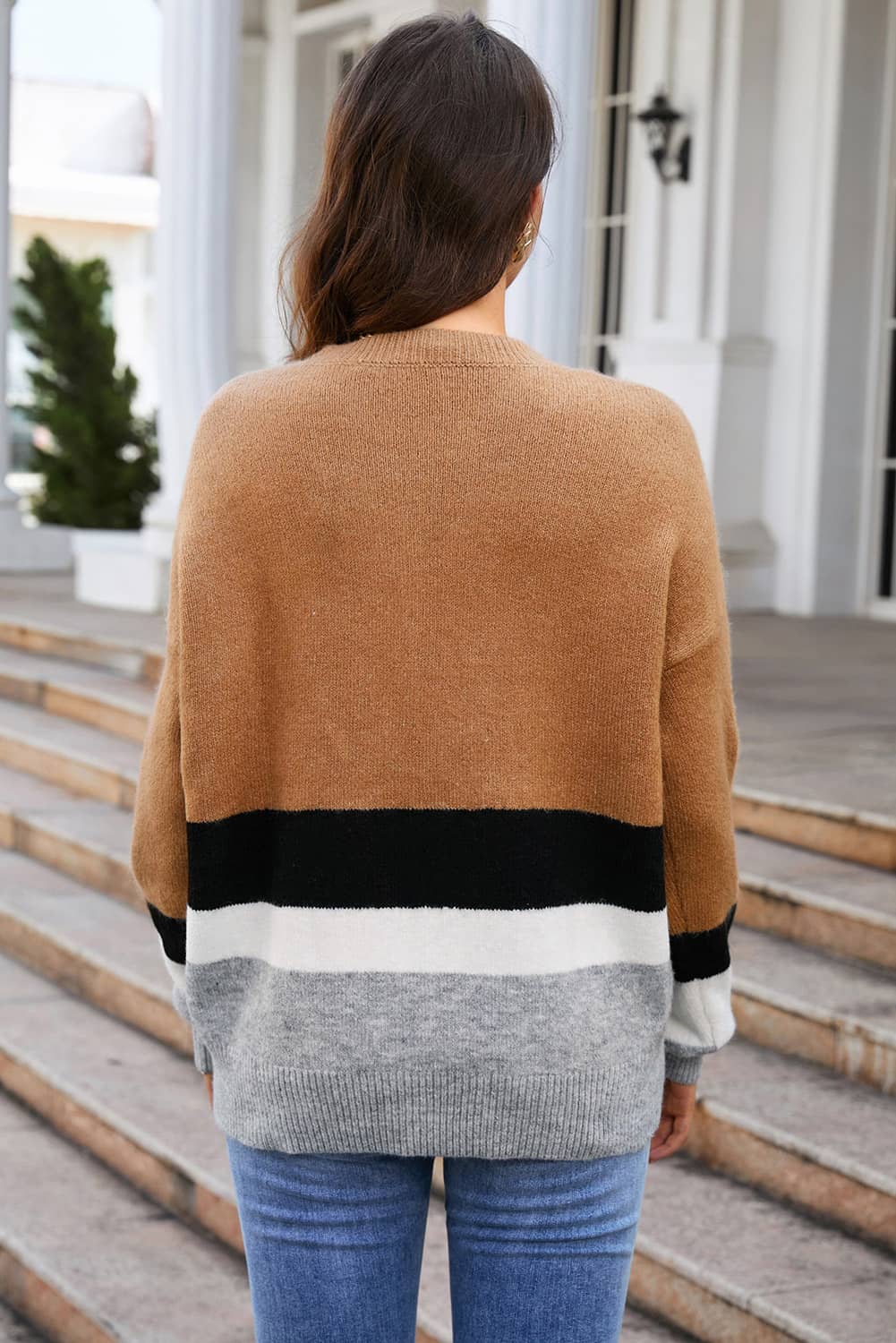 Rosy Brown Color Block Round Neck Sweater